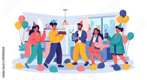 Gen Z friends celebrating birthday party at home with cake and balloons. Youth friendship lifestyle and joyful social gathering vector illustration