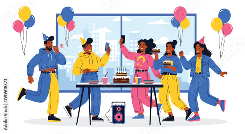 Gen Z friends celebrating birthday party at home with cake and balloons. Youth friendship lifestyle and joyful social gathering vector illustration