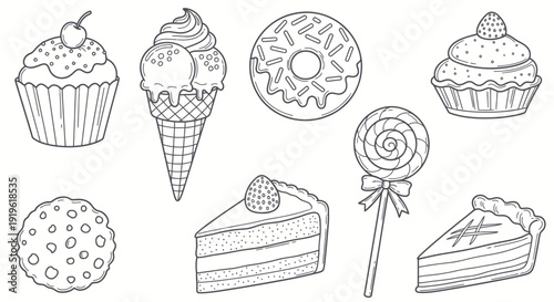 Delicious Assortment of Hand-Drawn Desserts and Sweets Collection.