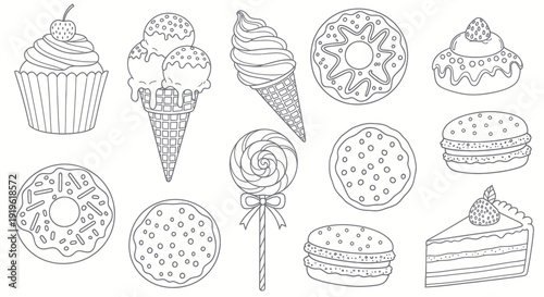 Delicious Assortment of Sweet Treats and Desserts Line Art.