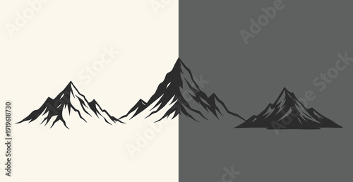 Simple illustration of three mountain peaks in black on a split color background