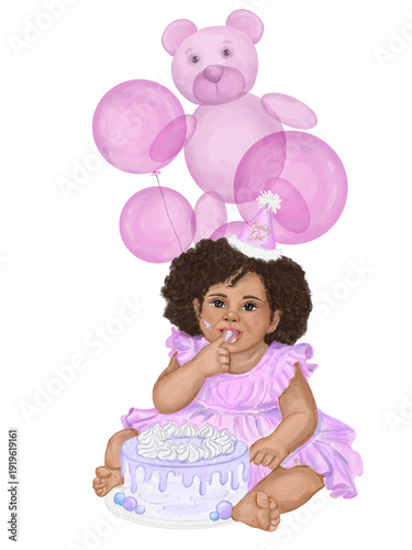 Cute black baby girl celebrating first birthday with cake, pink balloons and teddy bear. Watercolor illustration Perfect for greeting cards, invitations, nursery decor and kids design.