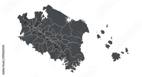 dark grey map of territory with islands, detailed borders, isolated on white