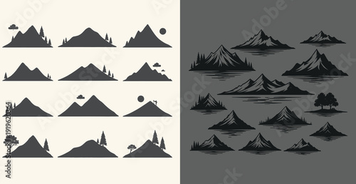 Mountain silhouettes in various shapes and sizes on white and gray backgrounds