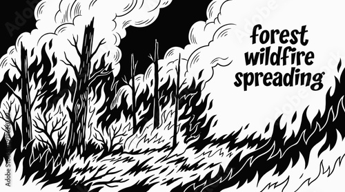 forest wildfire fire burning flames smoke disaster emergency heat destruction environment dramatic landscape danger climate black and white vector illustration