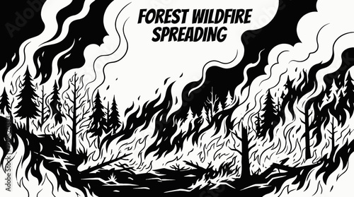 forest wildfire fire burning flames smoke disaster emergency heat destruction environment dramatic landscape danger climate black and white vector illustration