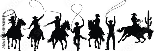 Cowboy and cowgirl silhouettes riding horses with lasso ropes, black western rodeo vector set isolated on white background