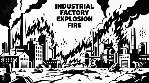 industrial factory fire burning flames smoke disaster emergency heat destruction environment dramatic landscape danger crisis vector illustration