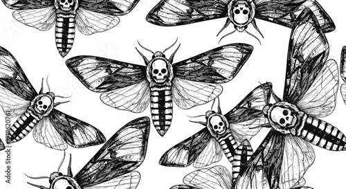 Death's-head moth illustration, black and white pattern