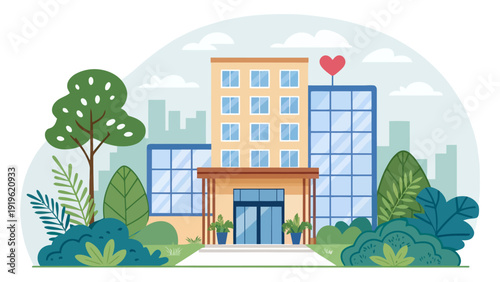 Modern architectural building design with large windows and lush greenery, featuring a welcoming entrance and a subtle heart accent, evoking a sense of growth and well-being.