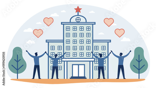 Diverse group celebrating success in front of a grand building, arms raised in triumph with hearts floating around, representing unity, achievement, and collective joy.