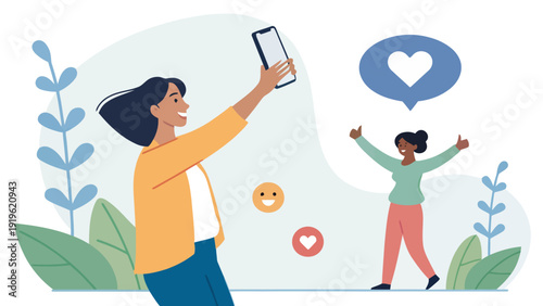 Two joyful women taking a selfie and celebrating online, surrounded by social media icons like hearts and emojis, representing friendship, social media trends, and digital connection.