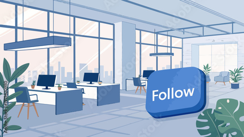 Modern Office Space with Computers, Plants and a Large Blue 'Follow' Button, Business Concept