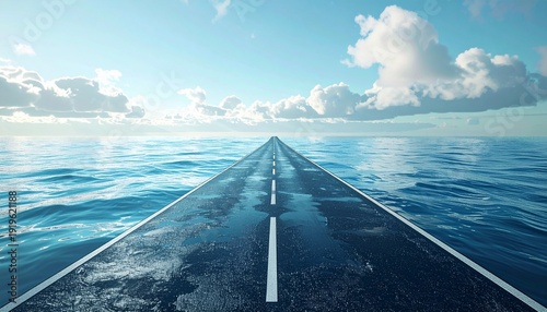 Surreal road stretching into the ocean under a cloudy sky.