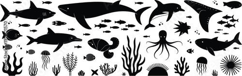 Marine life silhouettes set with whales, sharks, dolphin and ocean creatures, black underwater vector collection isolated on white background