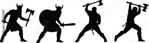 Viking warrior silhouettes with axe and shield in battle poses, black medieval fighter vector set isolated on white background