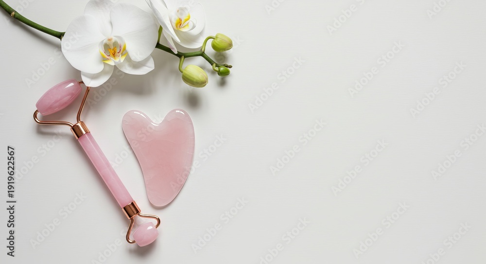 Obraz premium Pink quartz facial roller and gua sha stone with white orchid on table. Natural beauty tool for skin care treatment, spa and wellness.