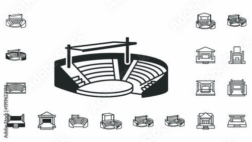 Amphitheater stage with seating in a collection of various building icons.
