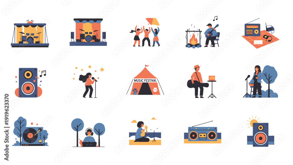Naklejka premium Collection of Music and Festival Flat Illustrations.