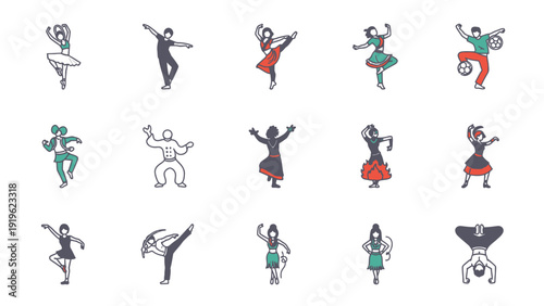 Collection of Diverse People Performing Various Dance Styles and Athletic Poses.