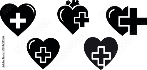 Black heart symbols with medical cross
