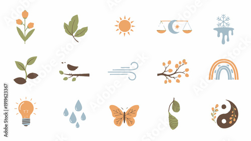 Collection of Nature and Abstract Icons Representing Growth and Elements.