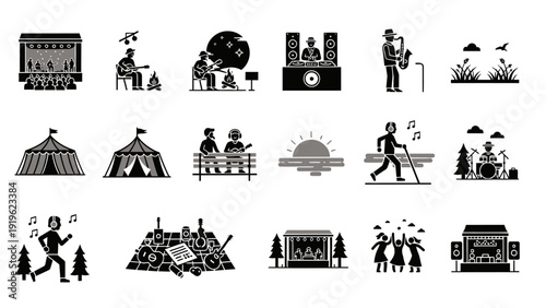 Collection of Outdoor Music Festival and Camping Icons.