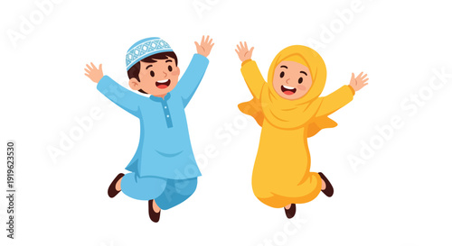 Two happy children wearing traditional Islamic clothing jumping in the air with joyful smiles on a plain white background.