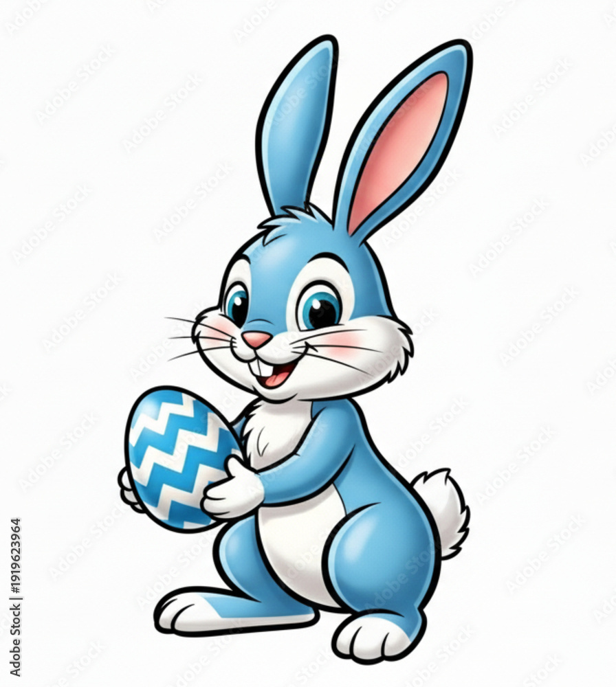 Fototapeta premium Cute blue cartoon Easter bunny standing and holding a decorated egg isolated on white background.