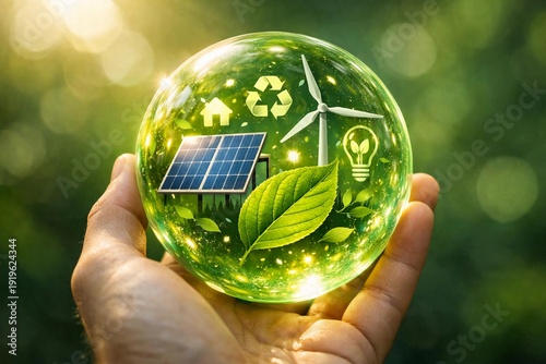 Mão segurando o Globo terrestre verde como símbolo de proteção ambiental e cuidado com a Ecologia do nosso planeta Terra em um conceito de Negócios sustentáveis para Salvar o Mundo