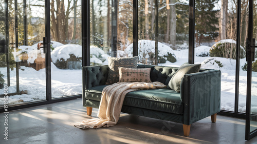 Luxuriöser Wintergarten mit Blick auf verschneite Landschaft