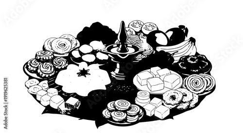 Sinhala Tamil New Year Festival Food and Oil Lamp Decorative Vector Set