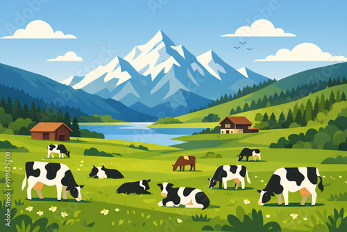 Geometric cows grazing on a sunny hillside in a vibrant landscape