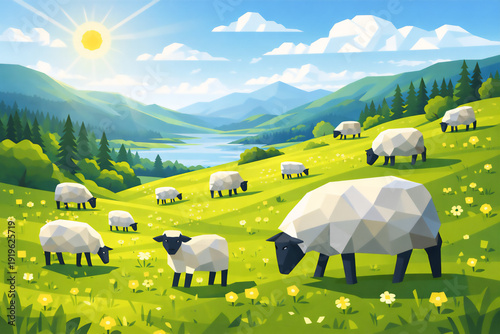 Geometric sheep grazing on a sunny hillside in a vibrant landscape