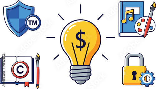 Intellectual Property and Copyright Protection Illustration with Trademark Shield, Creative Rights, Patent Security and Innovation Idea Vector