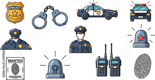 Police Law Enforcement Icon Set with Officers, Patrol Cars, Handcuffs, Siren Lights, Walkie Talkies and Crime Investigation Vector Illustration