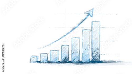 Graph with 5 ascending bars with an arrow to show upward growth in a loose pencil sketch style