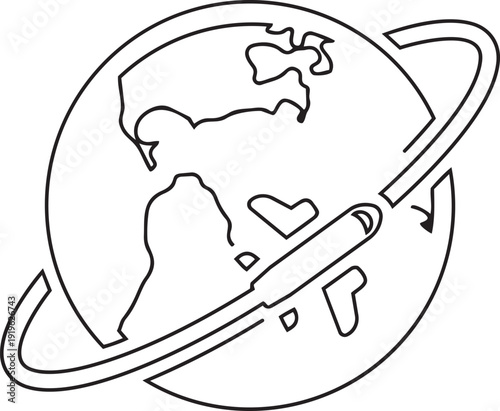 Global Flight Paths: An illustration of a stylized globe encircled by a looping flight path, with a plane in motion, symbolizing global travel and exploration