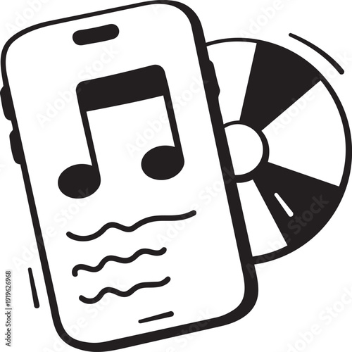 Digital Music: Illustration of a smartphone displaying a music note alongside a compact disc, symbolizing the convergence of digital and physical audio formats. 