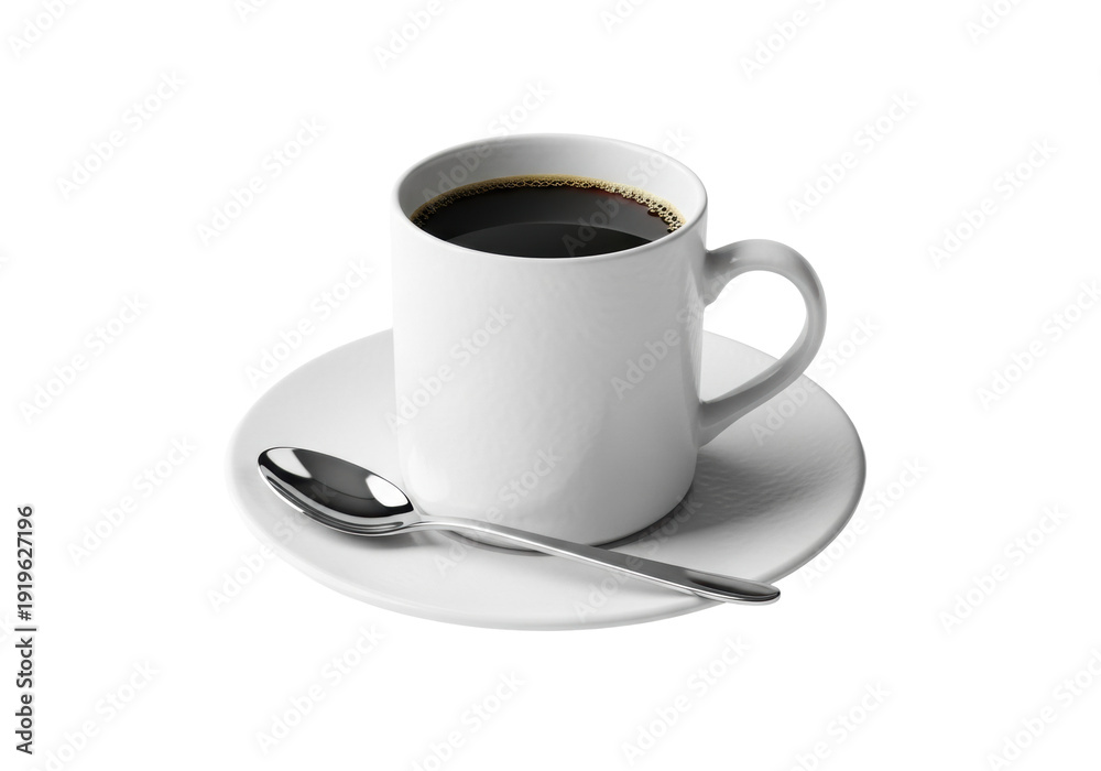Obraz premium transparent matte porcelain mug with dark black coffee and thick brown crema, reflective silver teaspoon on saucer, hyper-clean high-key studio isolation, concept of elegant morning ritual