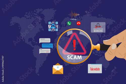 Scam Alert Concept. Investigating a Threat with Magnifying Glass with warning sign for scams. System Warning or potential malicious cyber attack alert.