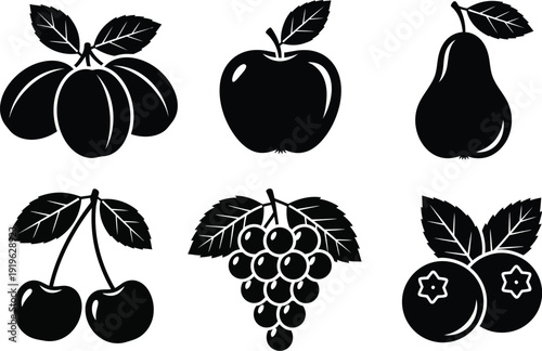 Black and white fruit icons set