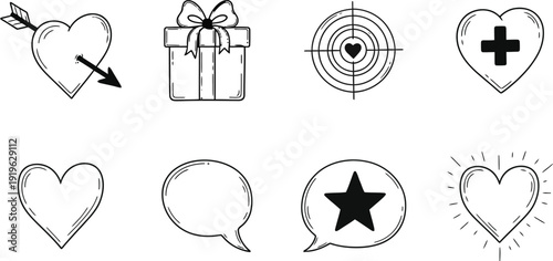Collection of heart and speech bubbles with symbols