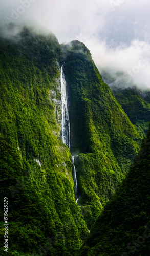 Scenic view of Cascade Blanche, Reunion, France. With a height of 640m, it is one of the tallest waterfalls in the world and the third highest in France	
