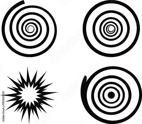 Black and white concentric circle designs with abstract shapes
