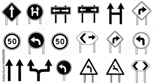 Collection of Road Signs: Traffic Direction, Speed Limit, Warning, and Navigation Icons