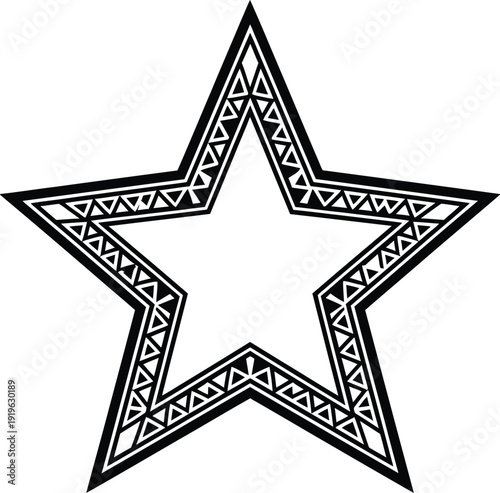 A black and white star with intricate border design