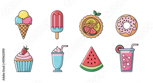 Colorful summer desserts and drinks illustration