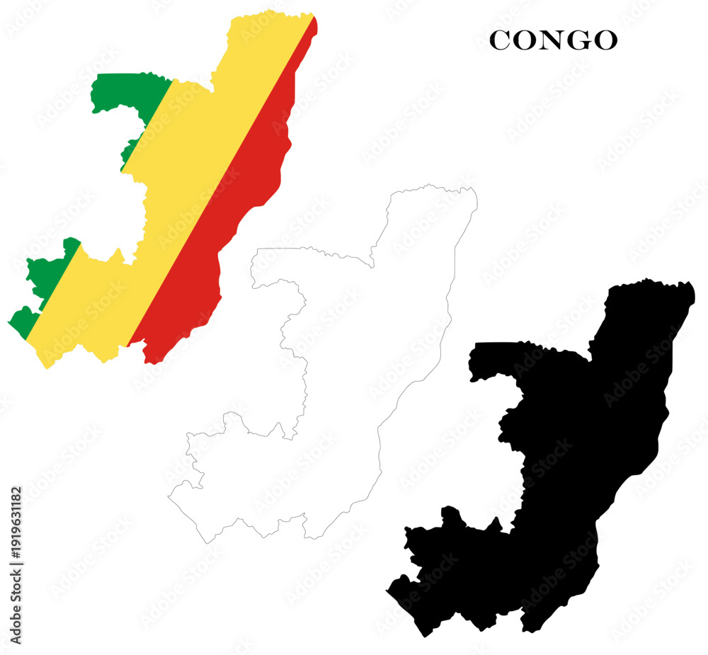Fototapeta premium Republic of the Congo Country Maps Bundle with National Flag, Black Silhouette and Detailed Outline Contours