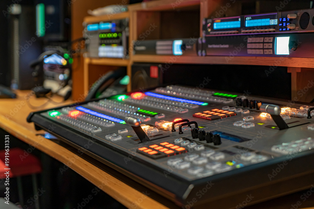 Φωτογραφία Professional video control room with broadcast equipment and mixing console